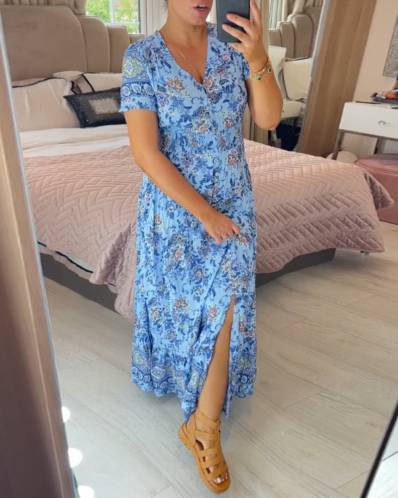 Blumenmuster Kleid mit V-Ausschnitt!