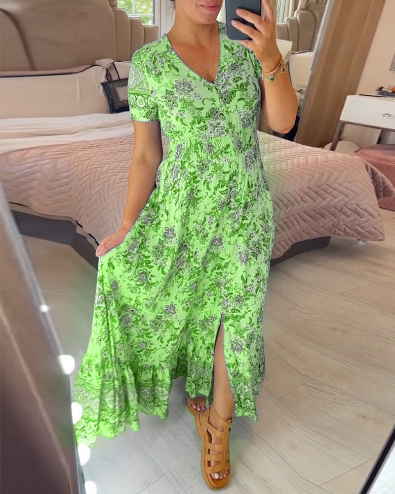 Blumenmuster Kleid mit V-Ausschnitt!