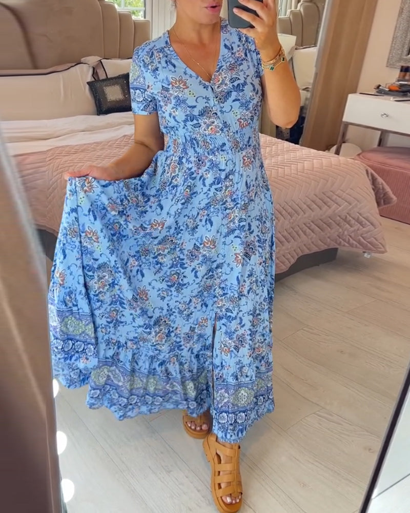 Blumenmuster Kleid mit V-Ausschnitt!