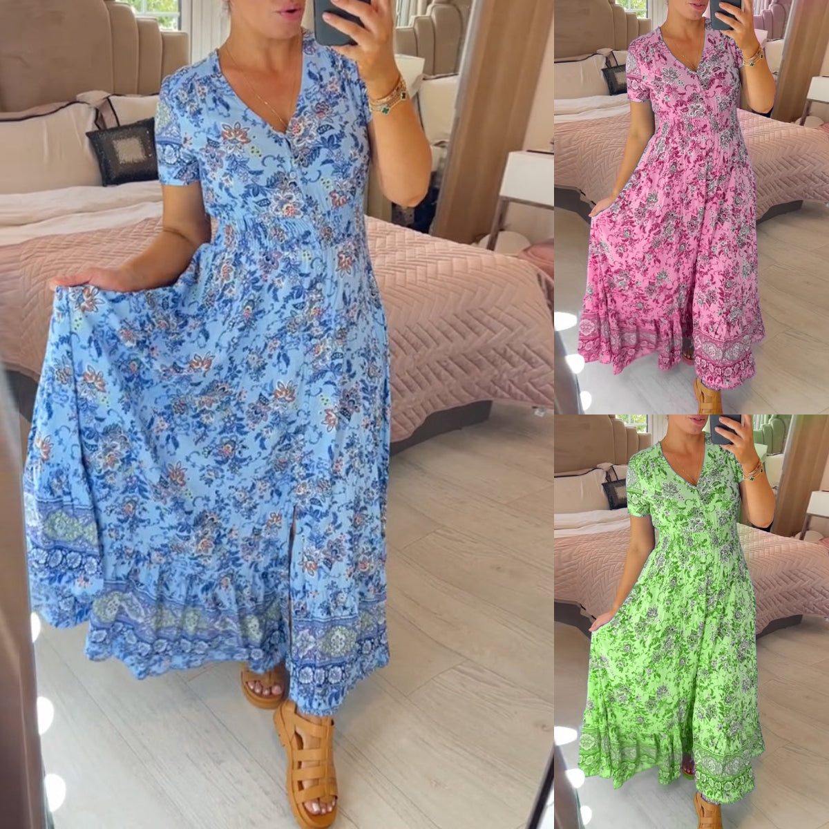 Blumenmuster Kleid mit V-Ausschnitt!