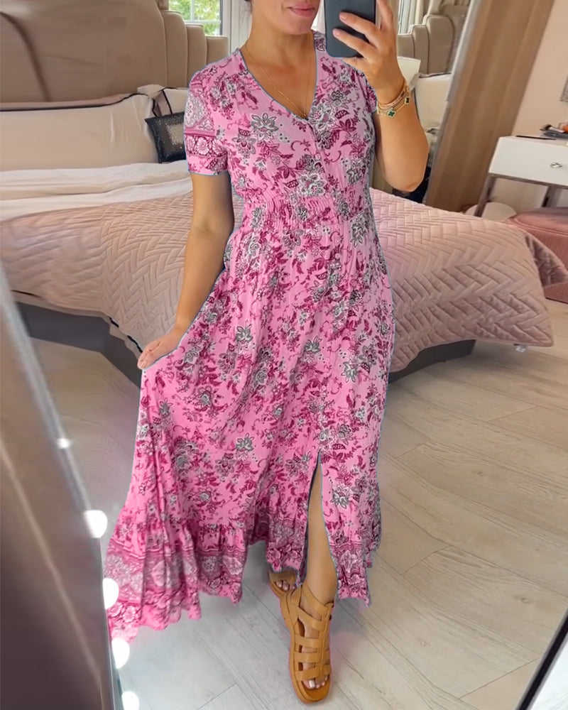Blumenmuster Kleid mit V-Ausschnitt!