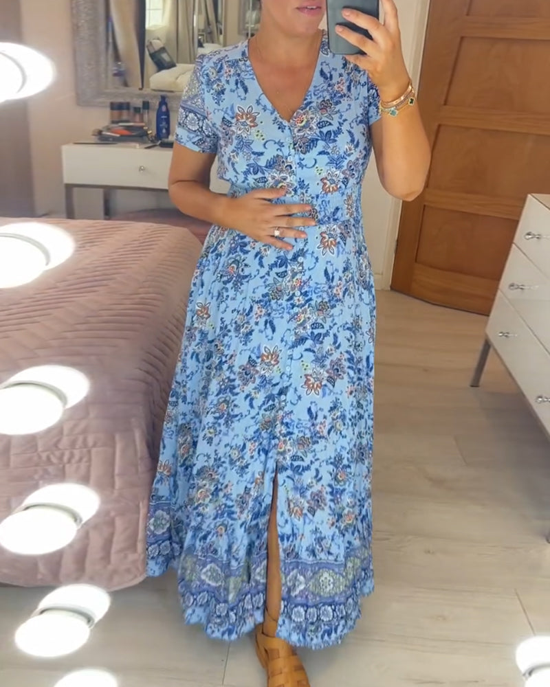 Blumenmuster Kleid mit V-Ausschnitt!