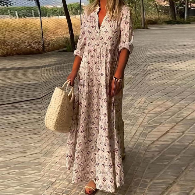 Evelyn | Lässiges Langarm V-Ausschnitt Kleid