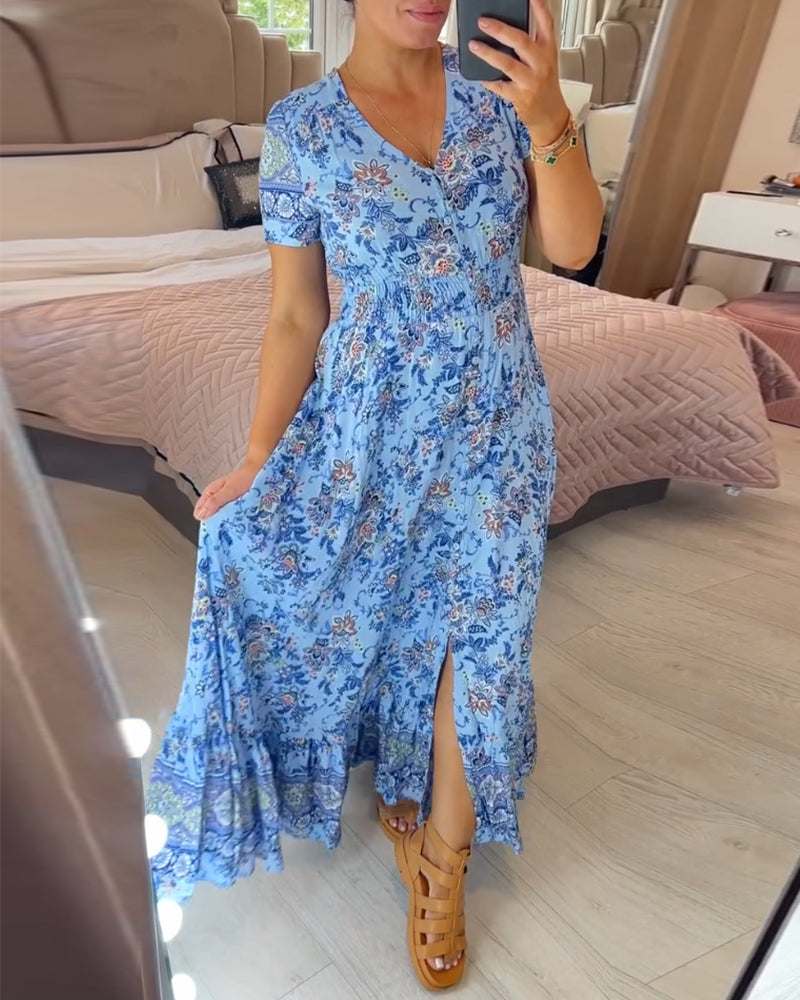 Blumenmuster Kleid mit V-Ausschnitt!