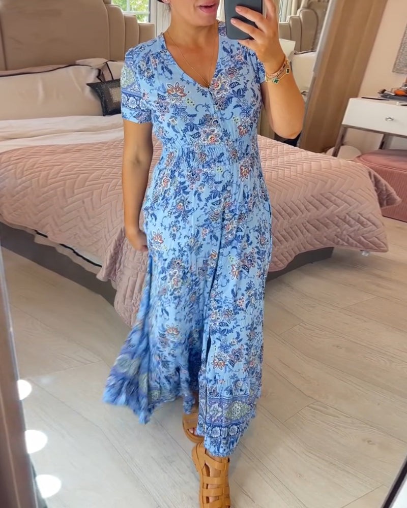 Blumenmuster Kleid mit V-Ausschnitt!